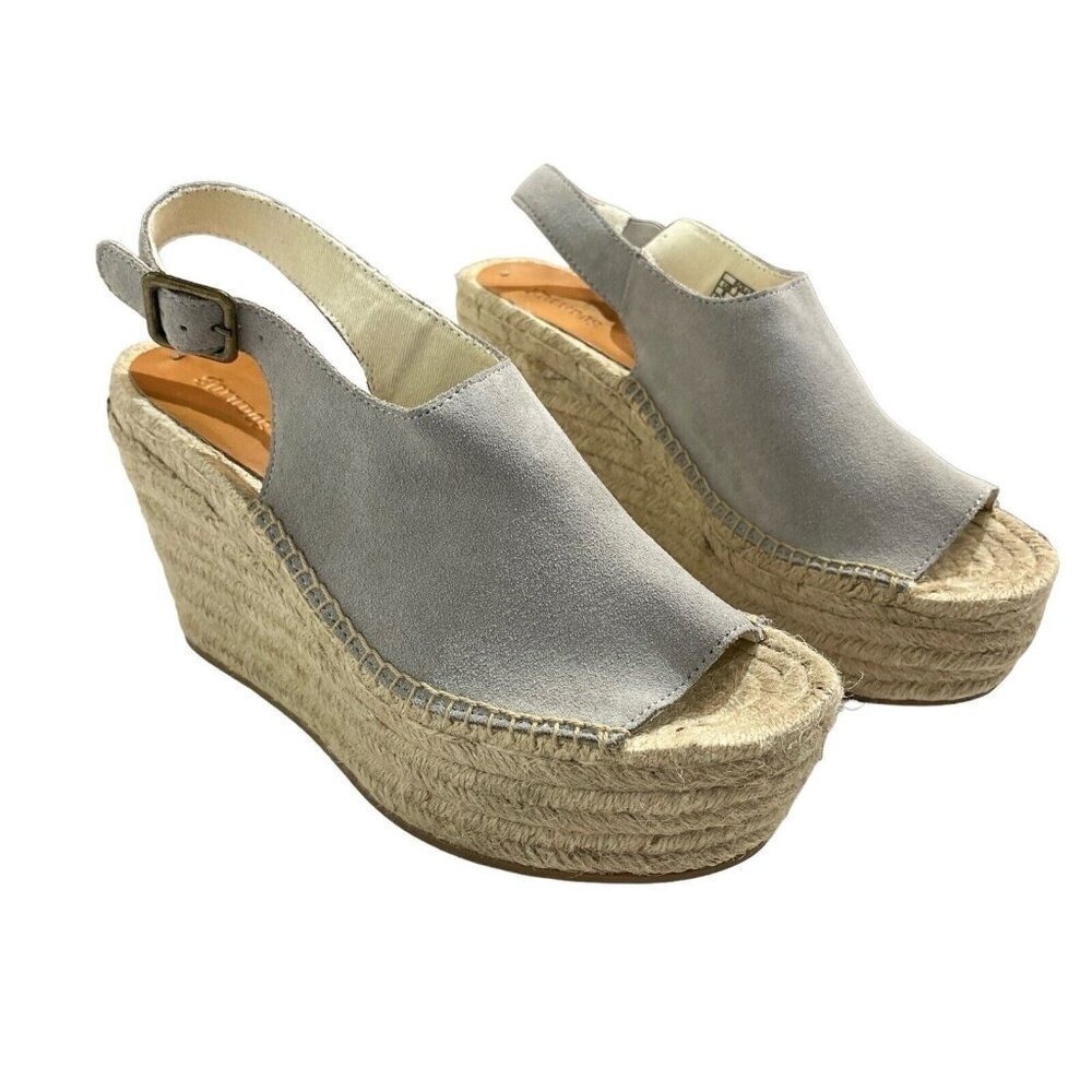 Soludos Grey‎ Suede Espadrille Wedge Sandals Peep Toe Platform Slingback 9 39.5